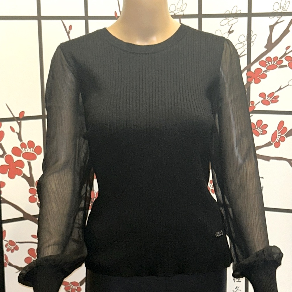 DKNY Sheer Sleeve Ribbed Sweater
